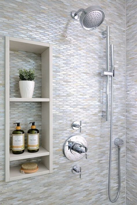 Shower Niche Small Bathroom, Granite Shower Niche, 12x20 Shower Niche, Bathroom Shower Niches, Shower Niche On Faucet Wall, 3 Shelf Shower Niche, Shower Cutout Shelf Ideas, Shower Niche On Shower Head Wall, Stacked Shower Niche