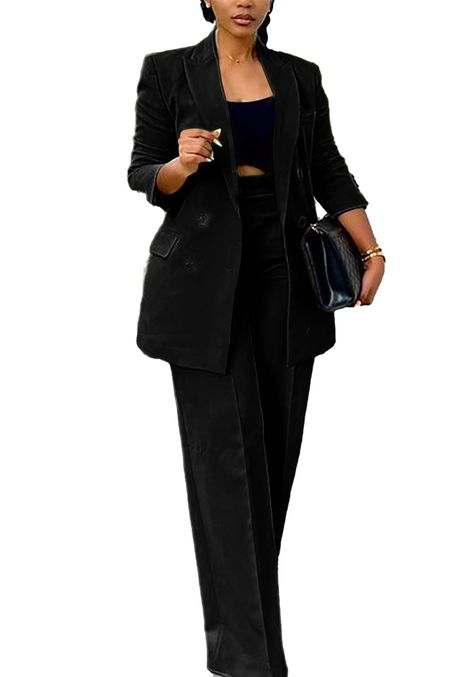 PRICES MAY VARY. 🔥MATERIAL: Polyester + Spandex.This double breasted blazer pants set is made of high quality fabric,soft but no stretchy,lightweight and skin-friendly,breathable and comfortable to wear,suit for casual and formal wear 🔥FEATURES: Long sleeve,lapel collar,double breasted button,fake decorative pockets,slim fit blazer,loose fit wide leg long pants with pockets,solid color. 2 piece pants suit for women dressy casual,two piece business suit set,office suit set women 2 piece outfits 🔥STYLE: Women two piece blazer pants set,casual and fashion style,long sleeve with double breasted button make this women business suit set formal but special,chic office business suit for work, womens two piece outfits blazer pants suits,office suits set for womens,elegant business suit set 🔥OCC Black And White Suits Women, Professional Dinner Outfits Women, Formal Pant Suits For Women, Pants Suits For Women, Dressy Pant Suits, Outfits Blazer, Suits Office, Future Lawyer, Styling Clothes