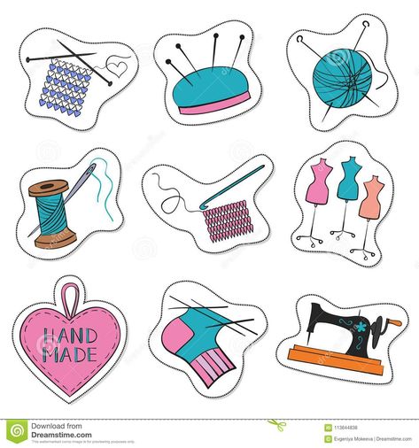 Photo about Cartoon stickers with knitting, sewing and needlework colorful icons on white background. Vector illustration. Illustration of machine, isolated, embroidery - 113644838 Sewing Machine Cartoon, Knitting Stickers, Sewing Machine Illustration, Sewing Stickers, Cartoon Sewing, Sewing Artwork, Sewing Machine Drawing, Machine Illustration, Sewing Illustration