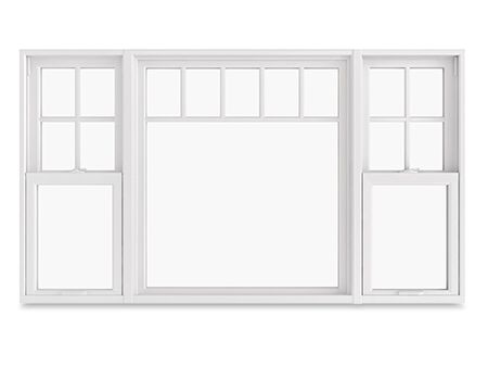 Cottage 1 high window grids with standard grids on the side windows. Picture Windows Exterior, House Window Styles, Picture Windows Living Room, Window Grids, Cottage Windows, Window Company, High Windows, Picture Window, Replacement Windows