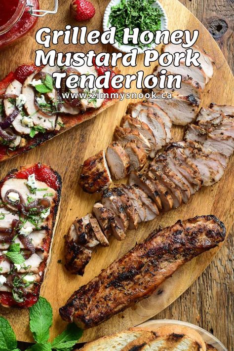 Grilled Honey Mustard Pork Tenderloin Pork Tenderloin Mustard, Honey Mustard Pork Tenderloin, Pork Tenderloin Grilled, Tenderloin Marinade, Pork Tenderloin Marinade, Mustard Pork Tenderloin, Ginger Jam, Grainy Mustard, White Balsamic