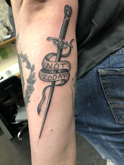 Arya Needle Tattoo, Game Of Thrones Needle Tattoo, Arya Stark Tattoo Ideas, Arya Tattoo, Not Today Tattoo, Arya Stark Tattoo, Tattoo Character, Arm Tattoos Drawing, Random Tattoos