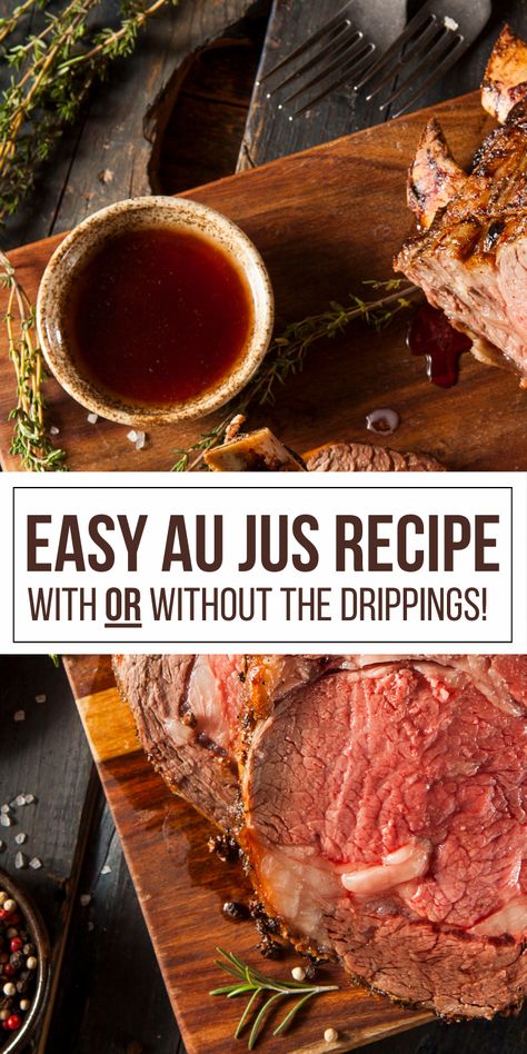 Learn how to make the best au jus gravy in no time! This quick recipe is perfect for French dip sandwiches or a rich sauce for roast beef—no drippings required! It’s simple, flavorful, and ready in minutes. Sauce For Standing Rib Roast, Gravy From Rib Roast Drippings, Au Jus Sauce For Prime Rib, Prime Rib Aju Sauce, Making Au Jus, Beef Tenderloin Au Jus, Au Jus Gravy Recipe, Au Jus With Pan Drippings, Dipping Sauce For Prime Rib