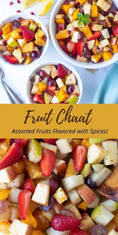 Fruit Chaat is a famous Indian-style fruit salad that is made with fresh fruits and tossed in a tangy-spicy dressing. This refreshing chaat can be enjoyed as a snack, appetizer or a dessert for those post-meal sugar cravings. | fruit chaat indian | pakistani fruit chaat | pipingpotcurry.com Indian Fruit Salad Recipe, Chaat Indian, Fruit Chaat Recipe, Fruit Chaat, Bbq Salads, Healthy Indian Recipes, Chaat Recipe, Chaat Masala, Fruit Salad Recipes