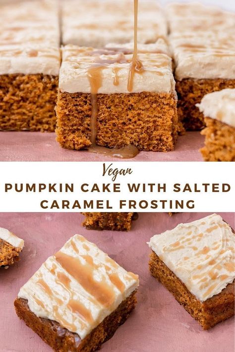 Dairy Free Pumpkin Cake, Fall Pumpkin Cake, Vegan Pumpkin Cake, Pumpkin Cake Recipe, Vegan Salted Caramel, Salted Caramel Frosting, Best Vegan Desserts, Pumpkin Sheet Cake, Fall Cake