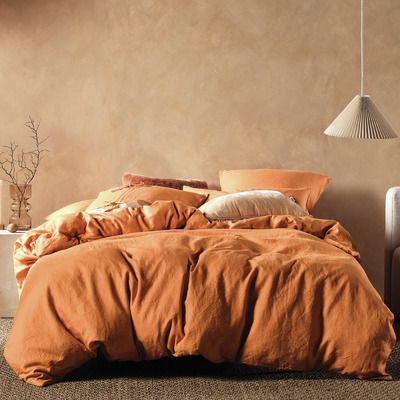 Linen House Terracotta Nimes Linen Quilt Cover Set | Temple & Webster Orange Bedroom Aesthetic, Earth Tones Bedroom, Earthy Bedroom Aesthetic, Coconut Room, Earthy Bedroom Decor, Orange Duvet, Orange Bedroom Ideas, Best Bedroom Designs, Earthy Bedroom