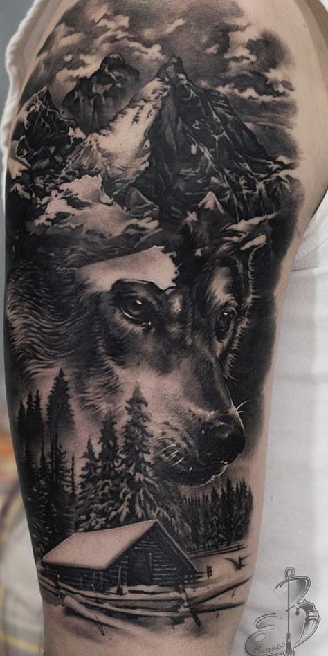 Realism Mountain Tattoo, Realism Wolf Tattoo, Forest Mountain Tattoo, Wolf Forest Tattoo, Mountain Sleeve Tattoo, Cabin Tattoo, Cool Nature Tattoos, Scenic Tattoo, Moutain Tattoos