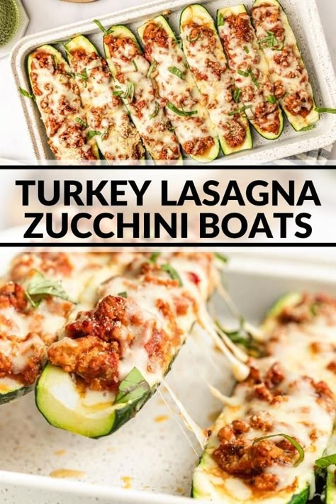 These stuffed zucchini boats are loaded with a ground turkey and tomato sauce mixture and topped with parmesan and mozzarella cheese. You'll love this delicious low carb entree! Zucchini Boats Turkey, Lasagna Zucchini Boats, Low Calorie Spaghetti, Zucchini Boats Healthy, Lasagna Zucchini, Zucchini Boat Recipes, Turkey Lasagna, Stuffed Zucchini Boats, Lean Protein Meals