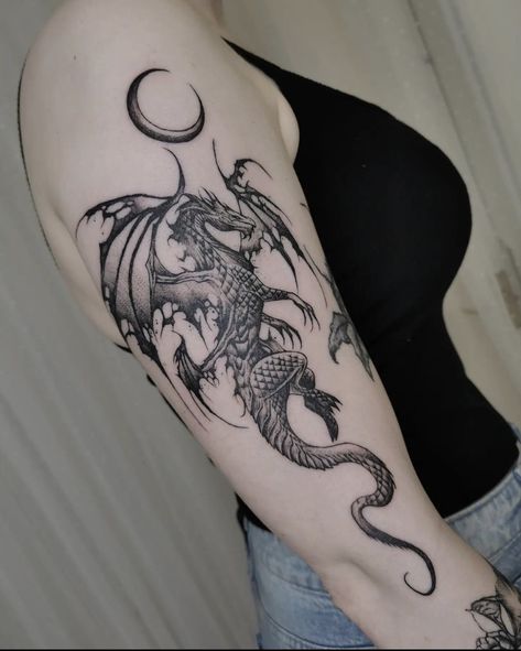 Dragon Tattoo Fantasy Mythical, Fantasy Dragon Tattoo Sleeve, Dragon Tattoo European, Cool Dragon Tattoos For Women, Dragon Half Sleeve Tattoo For Women, Medium Dragon Tattoo, Tattoo Ideas Mystical, Dark Fine Line Tattoo, Black Work Dragon Tattoo