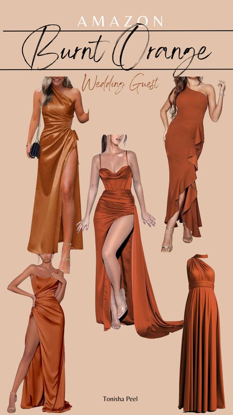 Rust Orange Wedding Guest Dress, Burnt Orange Bridesmaid Dresses Fall, Tan Wedding Guest Dress, Fall Bridemaids Dresses, Burnt Orange Wedding Guest Outfit, Burnt Orange Dress Outfit Wedding Guest, Earth Tones Wedding Guest Dress, Fall Color Dresses For Wedding Guest, Amazon Bridesmaid Dresses