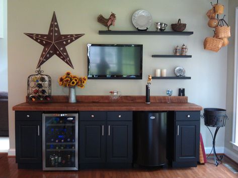 Bar with kegerator & wine fridge. Stock pine cabinets painted and reclaimed oak countertops.  ****my cousin's husband amazes me**** Wine Cabinet Ideas, Bar With Kegerator, Rustic Bar Cabinet, Kegerator Cabinet, Beverage Cabinet, Fridge Stock, Kegerator Diy, Wet Bar Cabinets, Fridge Ideas