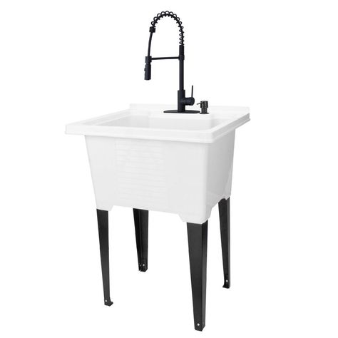 Utility-Sink 21.5'' L x 25'' W Free Standing Laundry Sink with Faucet & Reviews | Wayfair Basement Laundry Area, Utility Sinks, Deep Sink, Laundry Room Sink, Laundry Cabinets, Basement Laundry, Black Faucet, Laundry Tubs, Shaker Style Doors