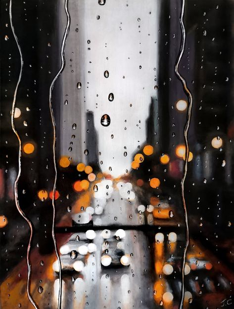 City Rain Painting, Bokeh Acrylic Painting, Painting Ideas On Canvas Rain, Painting Ideas Rain, Rain Painting Acrylic, Raindrop Painting, Rainy Day Playlist, Bokeh Painting, Rainy Painting