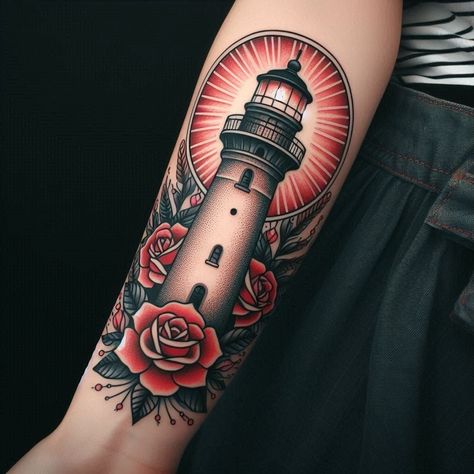 Lighthouse Tattoo Color, Neo Traditional Lighthouse Tattoo, Forearm Tattoo Traditional, Lighthouse Tattoo Traditional, Tattoo Lighthouse, Traditional Lighthouse Tattoo, Lighthouse Tattoos, Traditional Ideas, Shin Tattoo