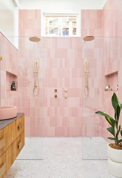 Pink Bathroom Tiles, Master Ensuite, Decor Studio, Pink Tiles, Upstairs Bathrooms, Girls Bathroom, Pink Bathroom, Bathroom Renos, House Bathroom