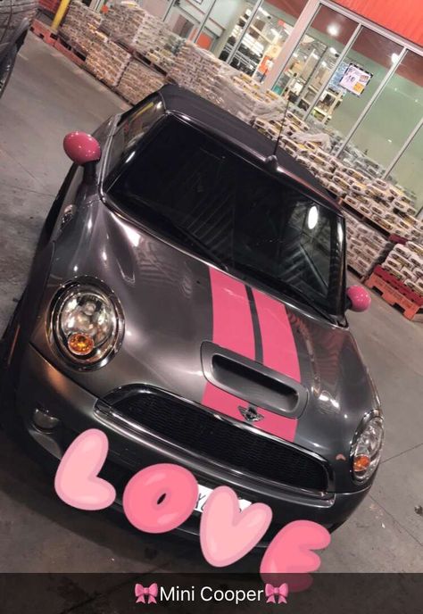 My Mini Cooper 🎀 Mini Cooper Modifications, Pink Mini Coopers, Mini Cooper Graphics, Mini Cooper Stripes, Mini Cooper Accessories, Auto Graphics, Behind The Couch, Car Stripes, Pink Cars