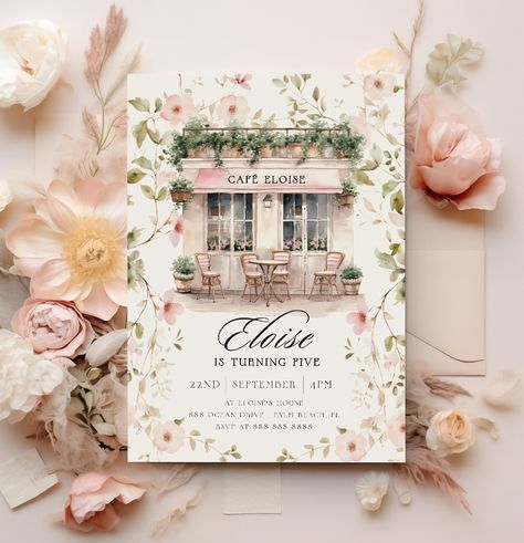 DESCRIPTION This lovely birthday invitation features a Parisian cafe design paired with delicate blush florals, a perfect addition to your little one's birthday celebration. This invitation is premade for a 5th birthday but all text is editable in this template so it can be changed to any year if needed.  After you place your order, you will receive an email from Templett with access to your self-editable template where you will be able to customize all your event details. Templett is an online application editor that allows you to personalize your event template directly from your computer. No need to download any fonts or software!  THIS PURCHASE IS FOR A DIGITAL ITEM ONLY, NO PHYSICAL PRODUCT WILL BE SHIPPED. DEMO LINK TRY BEFORE YOU BUY Please copy and paste the link below into your we Parisian Style Birthday Party, Paris 1st Birthday Party, Cafe Invitation, French Themed First Birthday, Bonjour To 4 Birthday, Parisian Themed Birthday Party, French Floral Design, Parisian Birthday Party, Floral Birthday Party Invitations