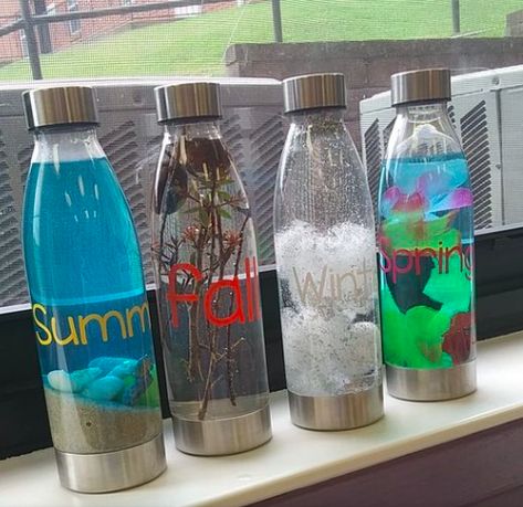 Seasonal Sensory Bottles, Season Sensory Bottles, Weather Sensory Bottles, Sensory Corner, Sensory Bottles Preschool, Sensory Area, Glitter Sensory Bottles, Galaxy In A Bottle, Calm Down Bottle