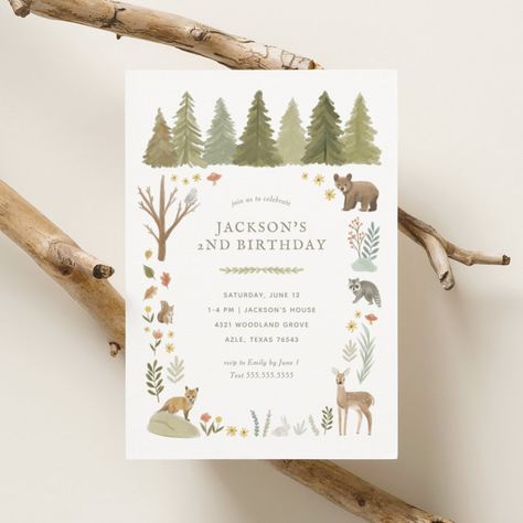 Invite friends and family to celebrate your little birthday with this sweet invitation, featuring a forest scene with woodland animals and pine trees. Winter Woodland Birthday Party, Woodland Birthday Theme, Winter Woodland Birthday, Explorer Birthday Party, Woodland Invitation Birthday, Animals Birthday Invitation, Woodland Animal Birthday, Animal Birthday Invitation, Woodland Birthday Party