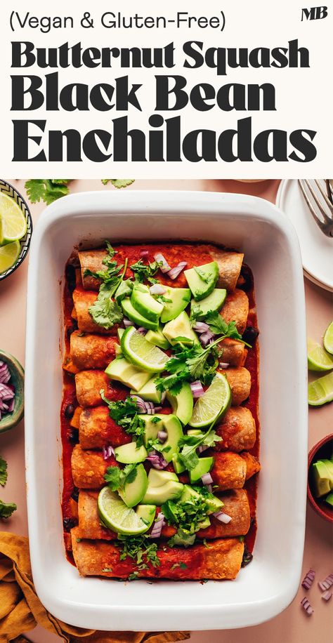 Simple butternut squash black bean enchiladas made from scratch with just 10 ingredients! A savory, satisfying plant-based meal even picky eaters will love. Squash Black Bean, Butternut Squash Enchiladas, Butternut Squash Vegan, Vegetarian Lunches, Butternut Squash Black Bean, Black Bean Enchiladas, Bean Enchiladas, Vegan Black Bean, Minimalist Baker