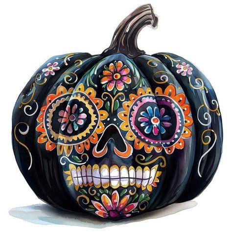 Pumpkin Painting Ideas Mexican, Sugar Skull Pumpkin Painting, Black Pumpkin Painting Ideas, Sugar Skull Pumpkin, Pumpkins Watercolor, Sugar Skull Painting, Halloween Pumpkin Crafts, Hand Painted Pumpkin, Pumpkin Contest