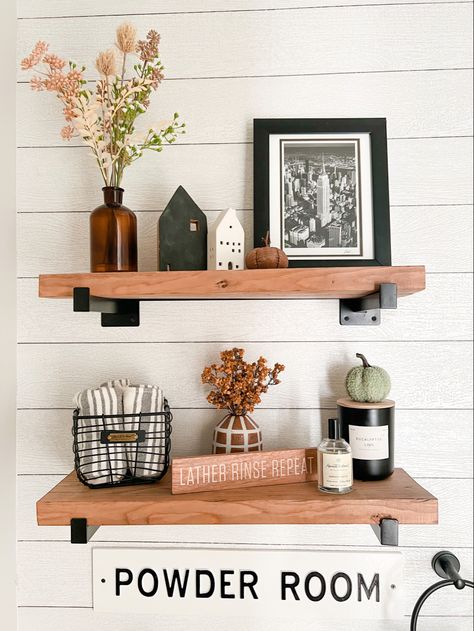 Simplistic way to decorate your bathroom shelves for fall. How to decorate your bathroom for fall Farmhouse Bathroom Shelves, Bathrooms Rustic, Rustic Farmhouse Interior, Fall Bathroom Decor Ideas, Interior Farmhouse, Fall Bathroom Decor, Bathroom Rustic, Decorative Shelves, Target Decor