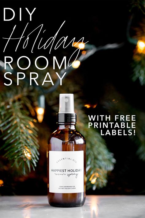 This easy DIY Essential Oil Holiday Room Spray brings together the smell of fresh evergreen, warming clove, zesty orange, and sweet cinnamon. Use it as an air freshener, linen spray, or aromatherapy shower mist, or give it as a gift! Get the recipe and FREE printable labels. #diychristmas #DIYstockingstuffer #homemadegiftideas #homemadegift #homemadechristmasgift #essentialoil #DIYroomspray #DIYgift #DIYgiftideas modernminimalism.com Christmas Room Spray Diy, How To Make Room Spray, Essential Oil Room Spray Recipe, Diy Room Spray Essential Oils, Room Spray With Essential Oils, Holiday Room Spray, Essential Oil Room Spray, Hippie Juice, Christmas Room Spray