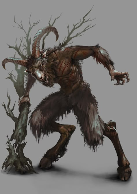 Goat Monster Art, Dog Monster Concept, Evil Satyr, Werewolf Monster, Goatman Art, Monster Features, Goat Leg, Goat Hooves, Goat Face