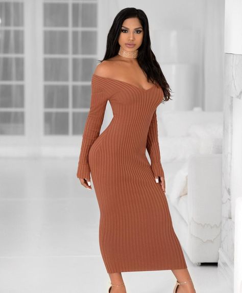 25% Off Ends Tonight! Code: CyberWeek2017 🍂 Available at HotMiamiStyles.com - search: 21449 Brown Baddie Outfits, Destiny Fashion, Latest Winter Fashion, Sweater Aesthetic, Winter Fashion Trends, Bodycon Sweater Dress, Knitted Long Sleeve, Sweater Maxi Dress, Twisted Dress