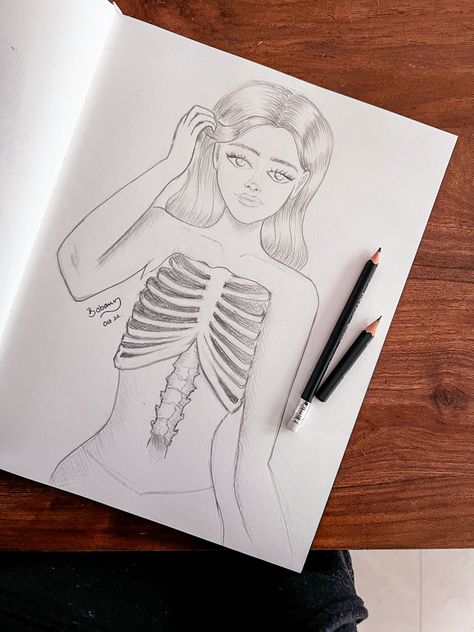 Inktober Day 14: Empty. 💀 The main point behind this drawing is the feeling of emptiness we can feel. She has a ribcage, but no heart. She’s smiling, but it’s empty. Sometimes we pretend everything is fine when deep down, we feel like we’re drowning. Total time: ❓❓❓ I struggled SO HARD with this one. I had to stop the original sketch, do a smaller, more refined version, and then come back the next day to the first one and rebuild all the stuff I did wrong. Ribcages are way harder than I expec Feeling Of Emptiness, Main Point, My Struggle, Everything Is Fine, Deep Down, Rib Cage, Come Back, Female Sketch, The Next