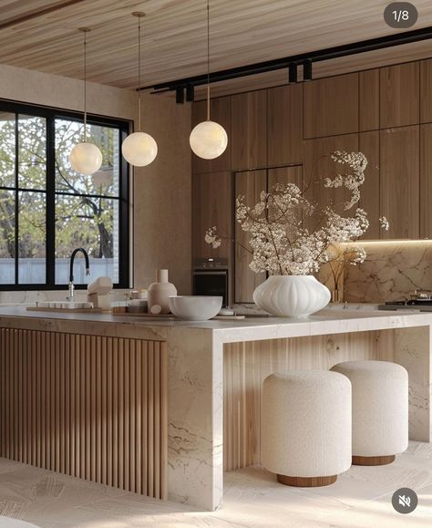 Japandi Restaurant, Modern Scandi Kitchen, Japandi Kitchen, Minimal Kitchen Design, House Design Kitchen, Kitchen Room Design, Kitchen Inspiration Design, New Home Designs, Luxury Kitchen