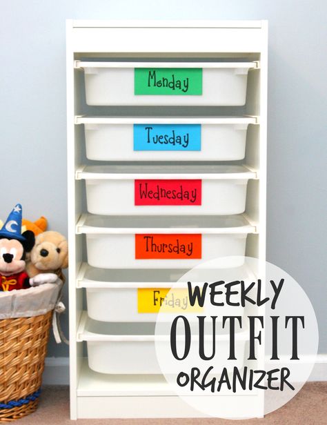 School Outfit Storage, Organizing School Clothes For The Week, Organize Kids Clothes For The Week, Organize School Clothes For The Week, 5 Day Clothes Organizer Ideas, School Outfits Organization Ideas, Kids Weekly Outfit Organizer, Days Of The Week Outfits Organizer, School Outfit Organization