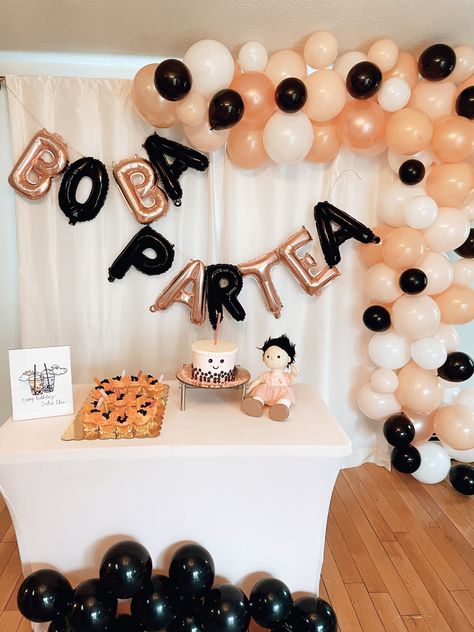 Boba bubble tea party with Thai tea cupcakes and green tea boba tea cake. Featuring olli ella Roo doll. Boba Bridal Party, Boba 1st Birthday, Boba Party Backdrop, Bubble Tea Themed Birthday Party, Boba Tea Decor, Boba Theme Cake, Boba Tea Party Decorations, Bubble Tea Theme Party, Bubble Tea Party Decorations