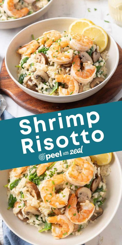 A delicious shrimp risotto recipe packed with arborio rice, caramelized mushrooms, and creamy parmesan cheese. This dish packs a lot of flavor but comes together in a few simple steps. Mushroom Shrimp Risotto, Sushi Rice Risotto, Shrimp And Mushroom Recipes, Shrimp Risotto Recipes, Easy Week Night Meals, Veggie Risotto, Caramelized Mushrooms, Shrimp Stuffed Mushrooms, Easy Risotto