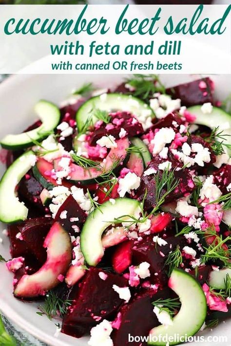 This easy beet salad with cucumbers, feta cheese, and fresh dill is a delicious gluten free vegetarian side recipe- and you can use canned or fresh beets to make it! Cucumber Beet Salad, Canned Beets, Beet Salad With Feta, Beet Salad Recipes, Salad With Feta, Fresh Beets, Vegetarian Sides, Beet Recipes, Beet Salad