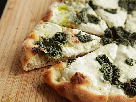 Pizza with Pesto, Ricotta, and Mozzarella Pizza With Pesto, Pesto Ricotta, Ricotta Pizza, Mozzarella Recipes, Pesto Pizza, Parmigiano Reggiano, Serious Eats, Pizza Pizza, Pizza Party