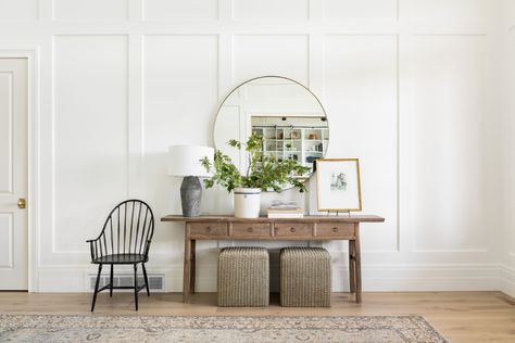 Home on The Ranch: Entry Library & Mudroom - Studio McGee Entrance Way Mirror, Entryway Ideas Studio Mcgee, Studio Mcgee Entry Table, Entry Way With Bench And Table, Entry With Chair, Studio Mcgee Hallway, Entryway With Seating, Puff Seating, Studio Mcgee Entry