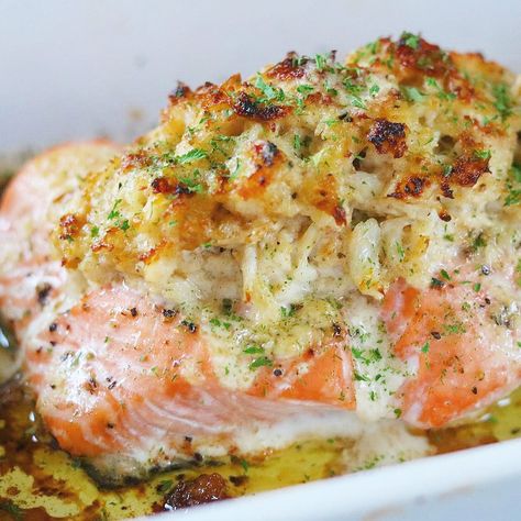 Crab Stuffed Salmon Crab Topped Fish Recipes, Crab Rangoon Stuffed Salmon, Crab Imperial Stuffed Salmon, Healthy Stuffed Salmon, Crab Salmon Recipes, Crab Stuffed Snapper, Salmon Recipes Stuffed, Baked Salmon With Crab Topping, Copycat Fish Recipes