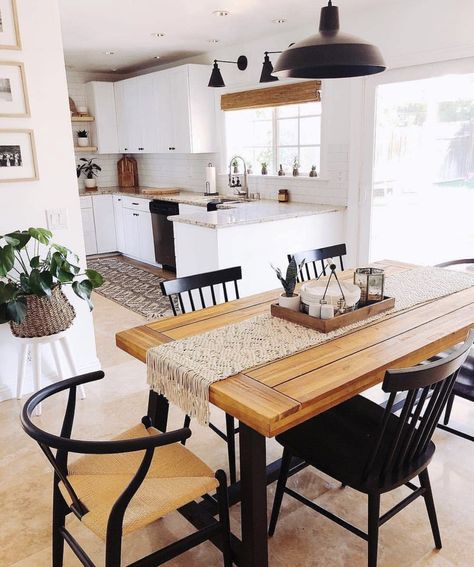 black , brown and white dining table Modern Boho Kitchen, Boho Kitchen, Dining Room Design, Room Table, Modern Boho, White Kitchen, Dining Room Decor, A Kitchen, Kitchen Inspirations