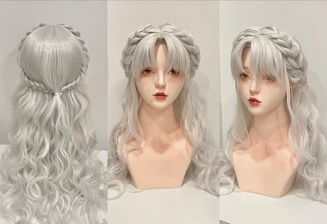 White Hair Hairstyles, Angelic Hair, Elf Cosplay Hairstyle, Elven Hairstyles Drawing, White Hairstyles, Angel Hairstyles, Angelic Hairstyles, Victorian Hair, Fantasy Hair Styles