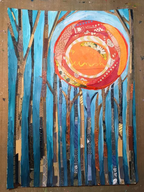 Mixed Media Painted Paper Collage by Gwen Lafleur using StencilGirl Stencils. Painted Paper Collage, Collage Art Projects, Paper Collage Art, Magazine Collage, Painting Media, Collage Art Mixed Media, Camping Art, Elementary Art, Painted Paper