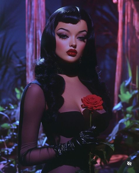 Dark Barbie Aesthetic, Pinup Palmer, 1950s Goth, Vampire Succubus, 90s Bombshell, Goth Burlesque, Idea To Paint, Busy Drawing, Rockabilly Makeup