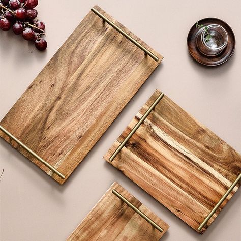 These trays are made from Acacia wood giving them their beautiful natural appearance. Acacia is a durable wood with a detailed grain that makes any item made with it a reminder of the beauty of nature. The sleek handles give the trays a modern appearance Ideal for entertaining or every day use. Get lost in the beauty o Wooden Serving Boards, Kitchen Tray, Wooden Kitchen Utensils, Wooden Pattern, 3d Cnc, Breakfast Tray, Wooden Serving Trays, Wooden Texture, Serving Trays With Handles