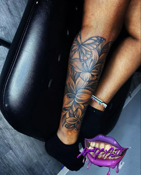 Tato Meaning, Outer Leg Tattoos Women, Calve Tattoo Black Women, Calf Tattoo Black Women, Half Leg Sleeves For Females Calf, Calf Tattoos For Black Women, Leg Sleeve Black Women, Women Calf Tattoo Ideas, Tattoos On Plus Size Women