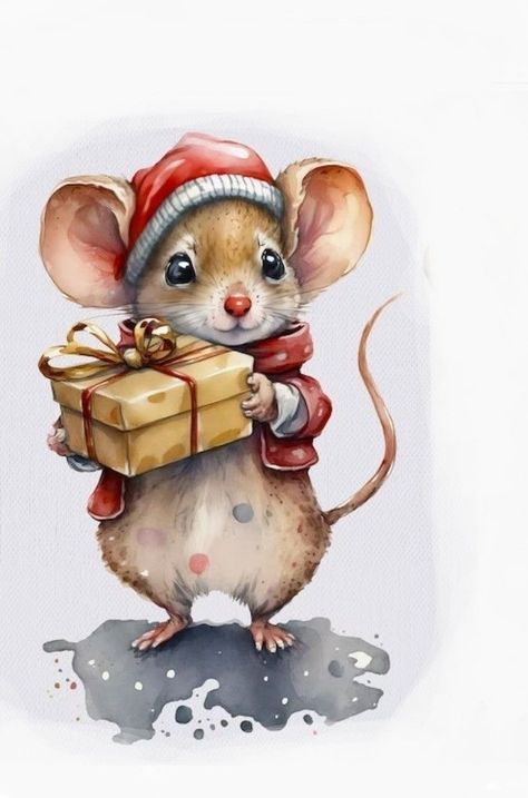 Christmas Mouse Illustration, Christmas Decorations Drawings, Maus Illustration, Animal Art Projects, Mouse Illustration, Christmas Rock, Christmas Card Art, Watercolor Christmas Cards, Christmas Mouse