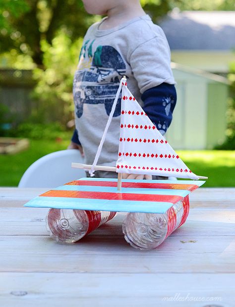 RECYCLED SAILBOAT CRAFT (via http://www.nalleshouse.com/2013/06/from-trash-to-boat.html) Sailboat Craft, Boat Crafts, Bored Kids, Make A Boat, Toy Boat, Activities For Boys, Boat Projects, Summer Crafts For Kids, Summer Activities For Kids