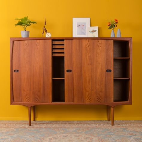 Danish highboard in teak veneer by Henry W. Klein for Bramin, 1960s Tall Credenza, Mustard Room, Dining Room Display Cabinet, Mustard Decor, Mustard Paint, Mustard Sofa, Dining Room Display, Craft Architecture, Yellow Chairs