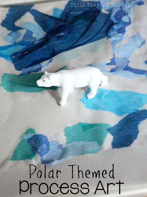 Polar animal themed process art activity for kids Preschool Polar Animals Theme, Polar Bear Art For Toddlers, Toddler Polar Bear Art, Arctic Animal Process Art, Arctic Animal Sensory, Process Art For Kids, Process Art Preschool, Polar Bear Craft, Art Preschool