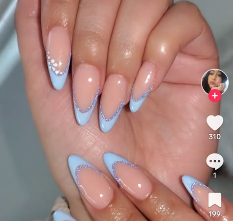 Blue And Purple Nail Ideas, Almond Shaped Nails Blue, Almond Nails Designs Blue, Light Blue And Pink Nails, Pink French Tip Almond Nails, Baby Blue Nail Art, Purple And Blue Nails, Blue Nails Aesthetic, Periwinkle Nails