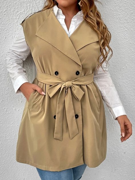 Plus Double Breasted Belted Vest Trench Coat | SHEIN EUR Trench Coats, Double Breasted, Trench Coat, Shirt Dress